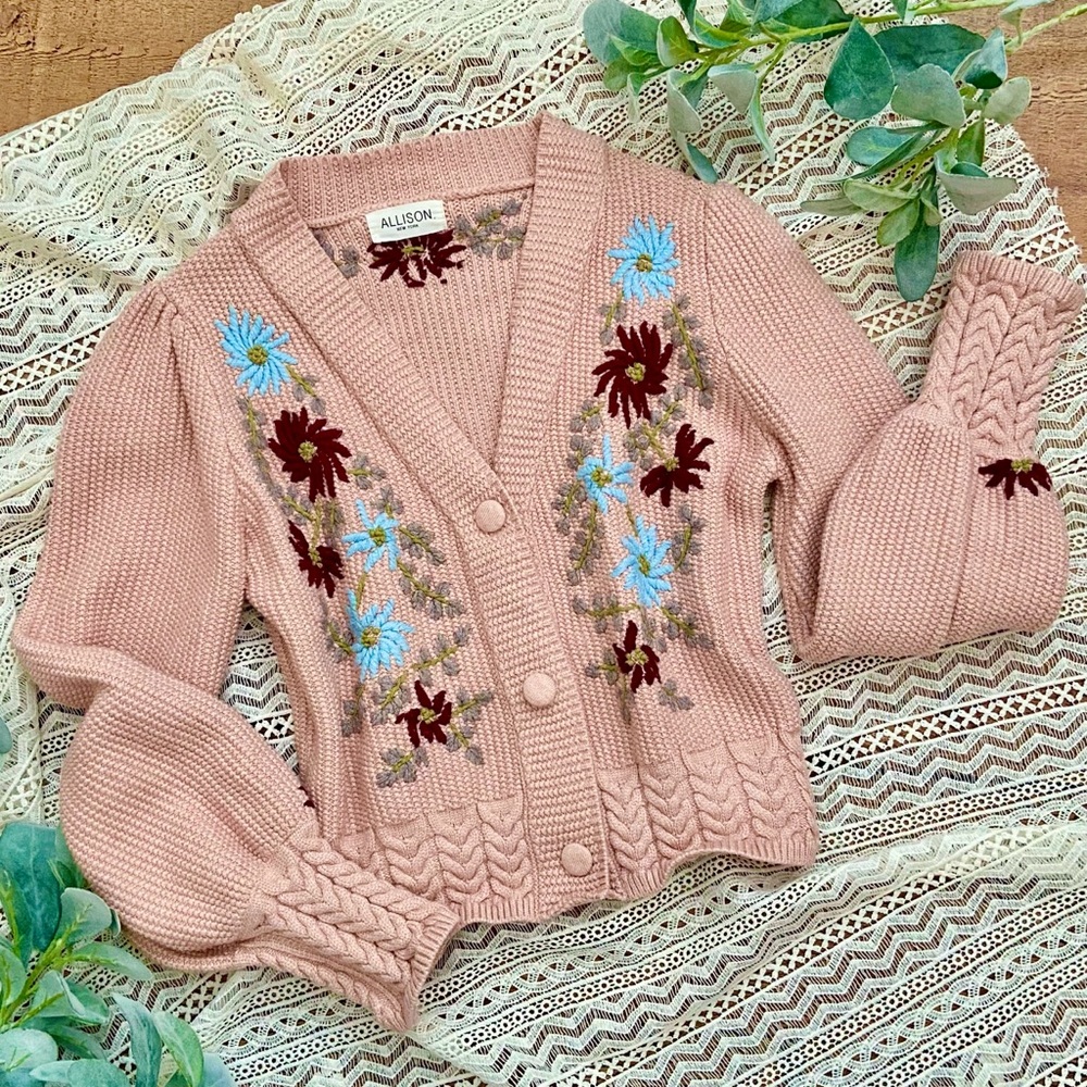 Embroidered Cardigan Floral 3 Button by Allison New York PEACHY-PINK COLOR - Picture 2 of 9
